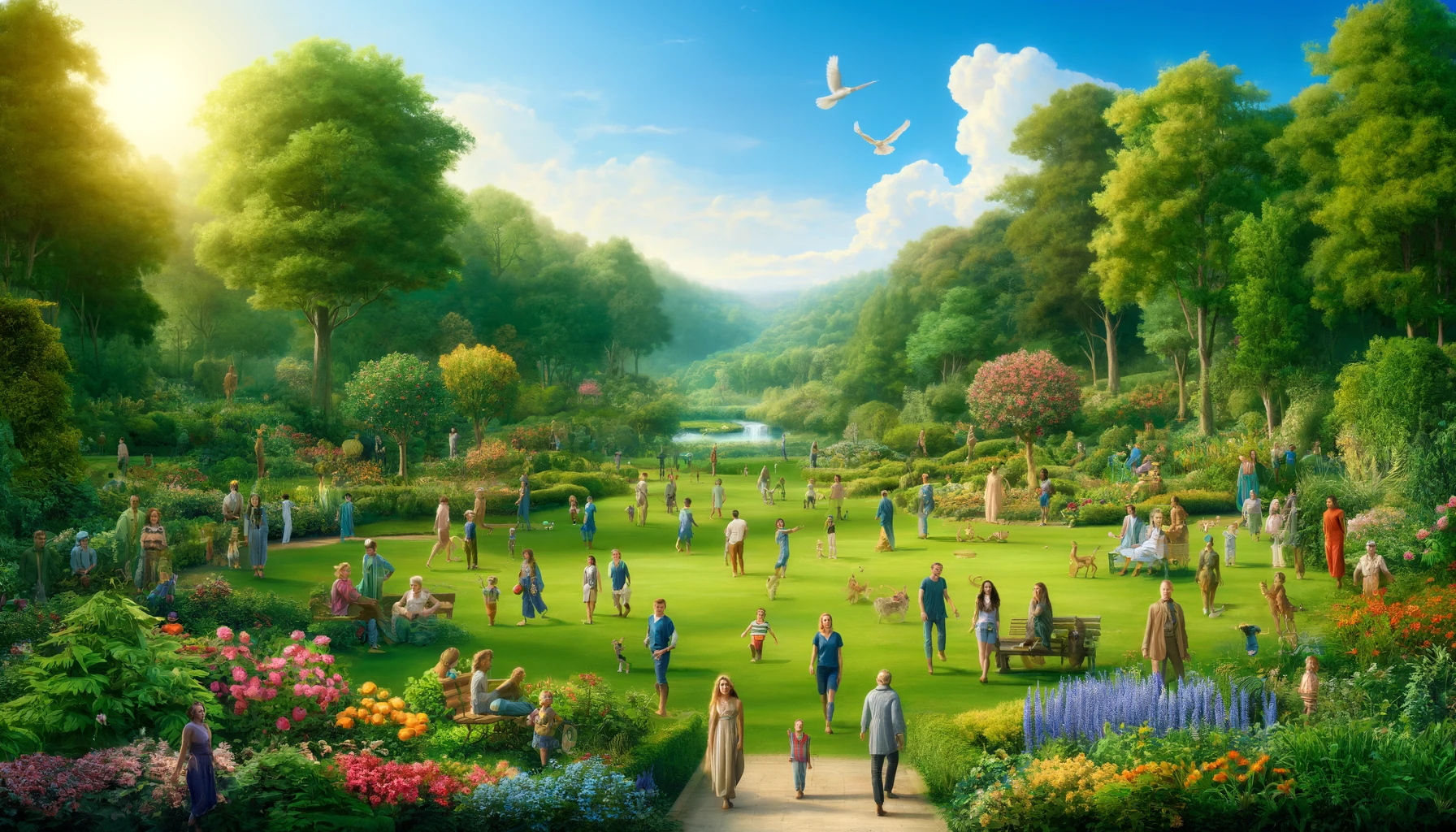 A lush, perfect scene resembling the Garden of Eden with vibrant greenery, colorful flowers, a clear blue sky, and diverse people in modern clothes enjoying the idyllic surroundings.